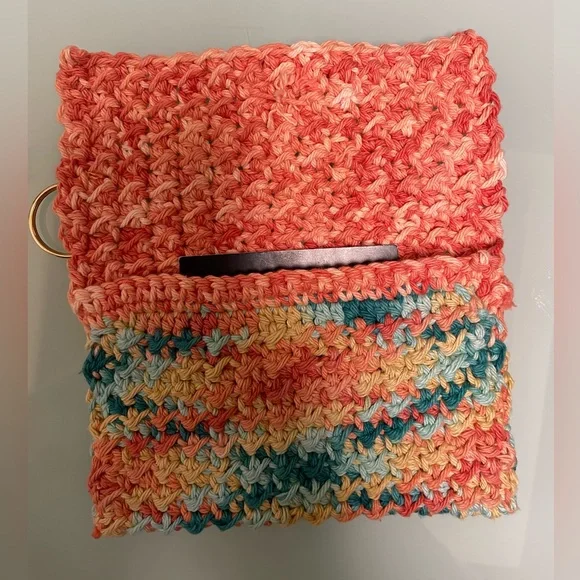 New Handcrafted joyful Multicolor Crochet hand knit Clutch pouch coral teal - Picture 7 of 9